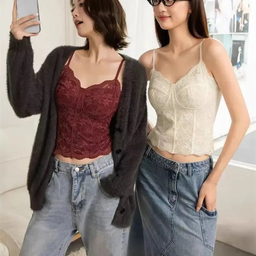 Fashion Mesh Flower Slim Lace Crop Bottoming Shirt Summer Girl's Vest Qme