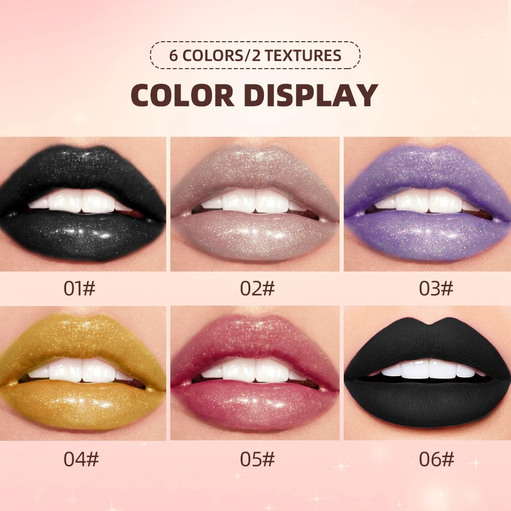 QIBEST Glitter Pearlescent Lipgloss Moisturizing Lasting Non-Stick Cup Shimmer Shiny Liquid Lipsticks Black Purple Lip Tint Qme