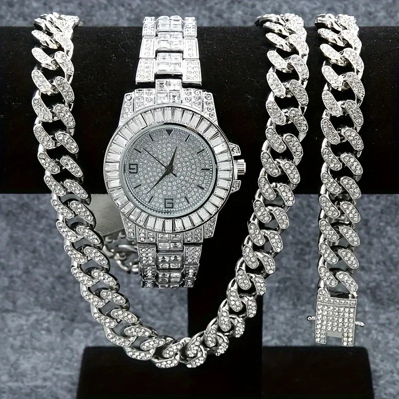 3cps hot selling men's and women's hip-hop watch sets, men's Cuban necklace bracelet sets, Christmas gifts Qme Multicolor