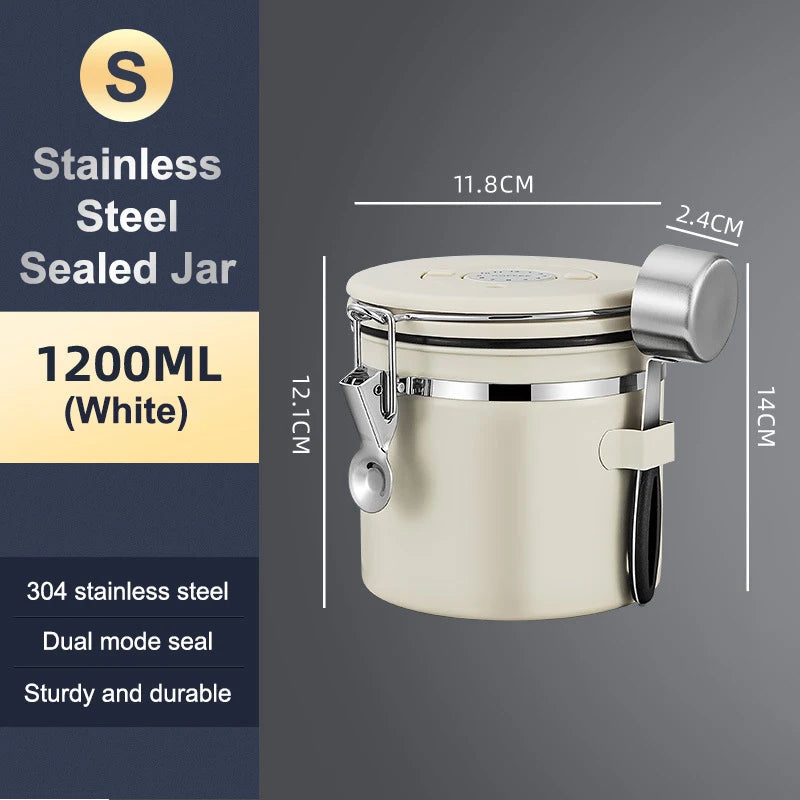 1 2 5 Coffee Bean Jar Airtight Canister Sealed Stainless Steel Spoon Qme 1200ml White