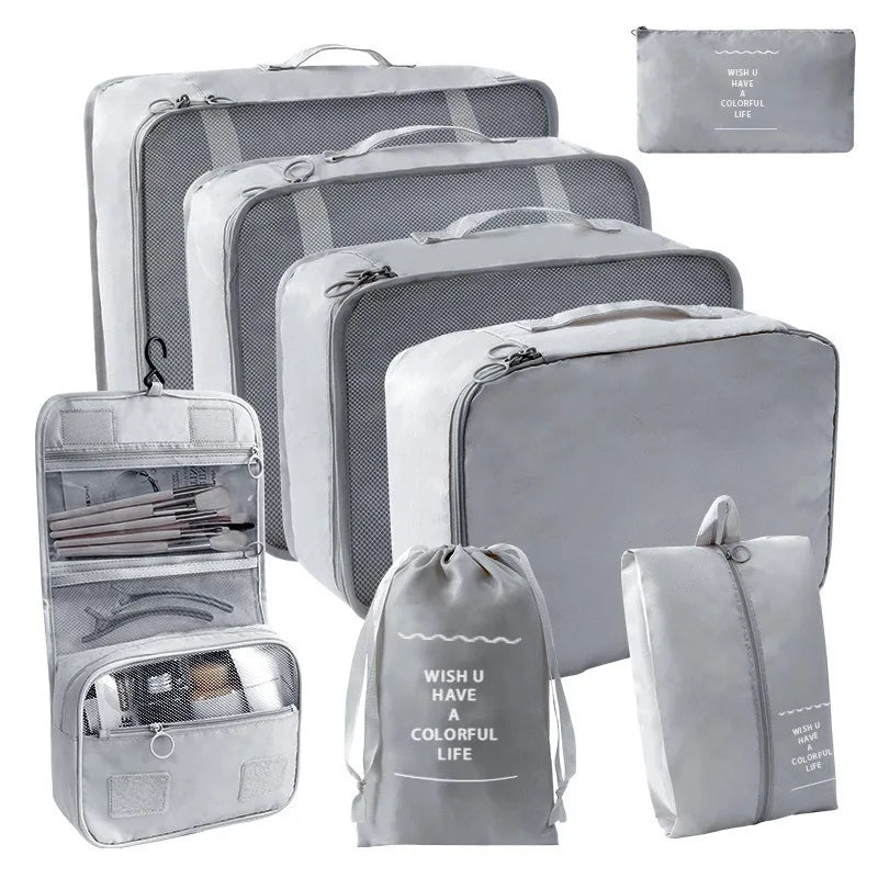 Portable Travel Organizer Storage Bags Set Suitcase Packing Cubes Set Cases Portable Luggage Clothes Shoe Tidy Pouch Folding Bag Qme 8 PCS Grey