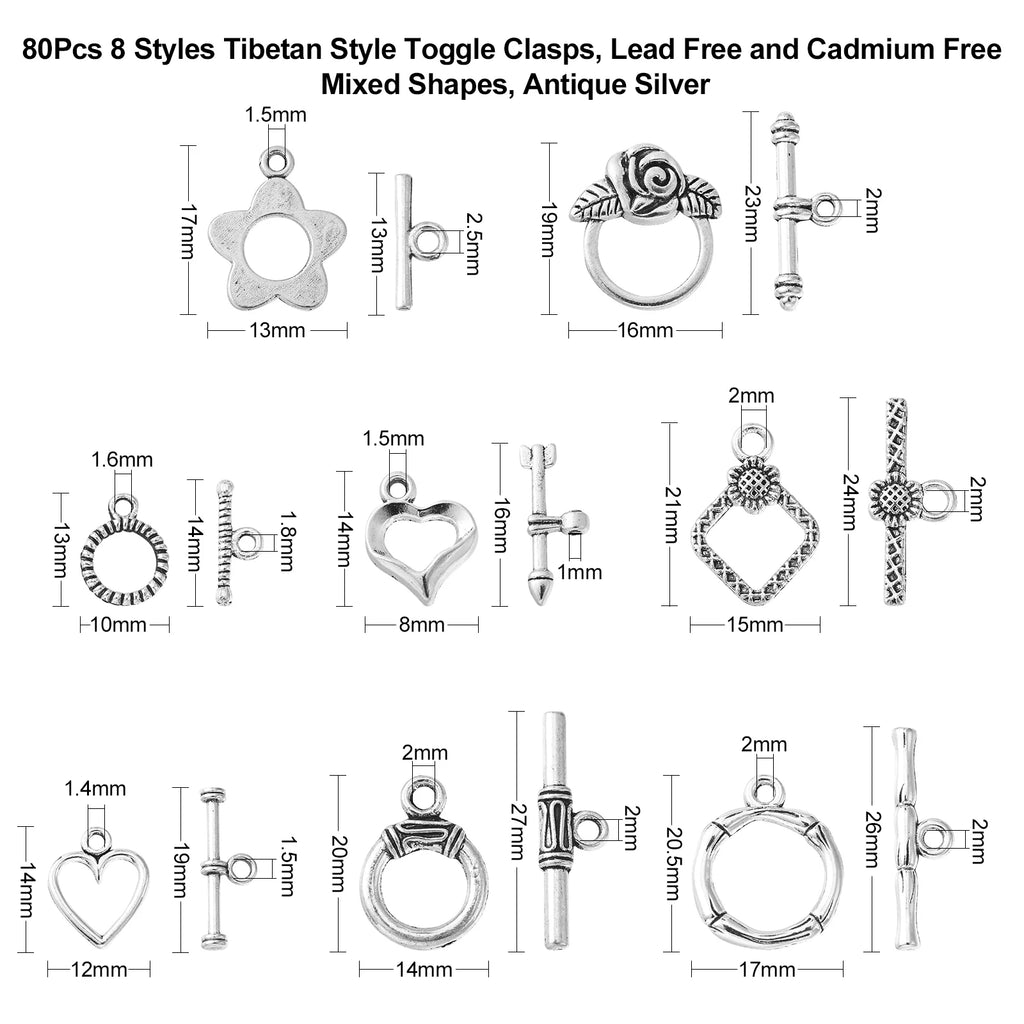 80 Set 8 Styles Tibetan Style Toggle Clasps Vintage OT End Clasps Closure Antique Silver Clasps for Jewelry Making Crafting Qme