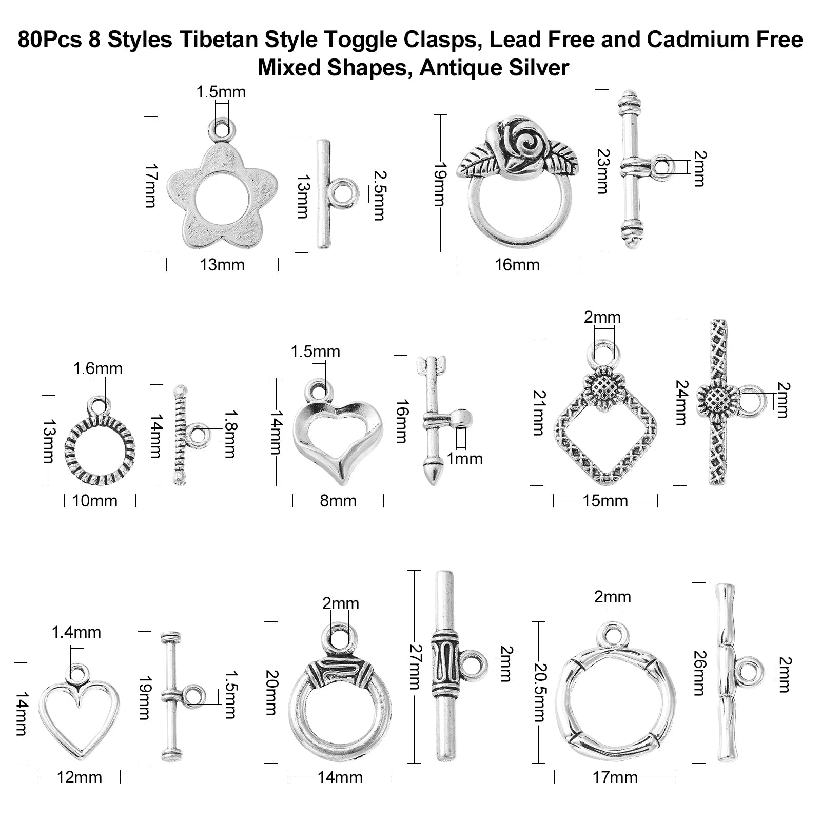 80 Set 8 Styles Tibetan Style Toggle Clasps Vintage OT End Clasps Closure Antique Silver Clasps for Jewelry Making Crafting Qme