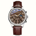 Geneva Silver Case Moon Phase Triple Sub-dial Brown Leather Watch Qme Bronze