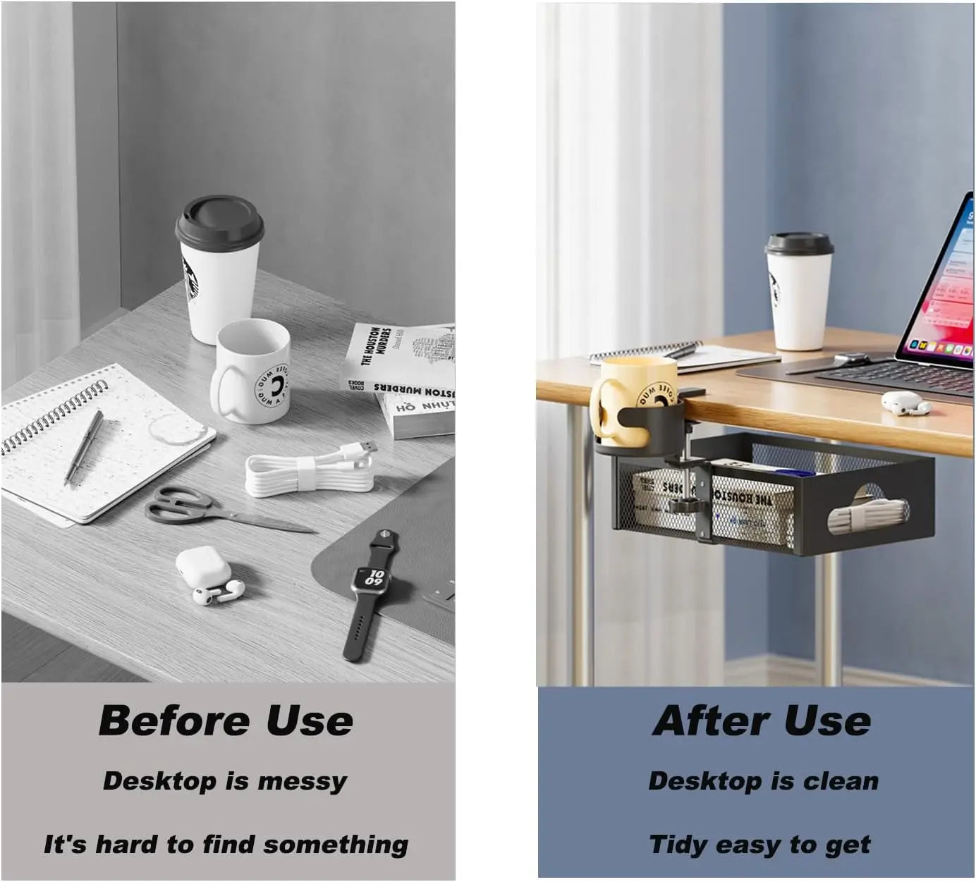 360° Rotary Under Desk Drawer With Cup Holder, 2 in 1 Anti-Spill Cup Holder & Storage Rack, Punch Free Metal Storage Box Qme