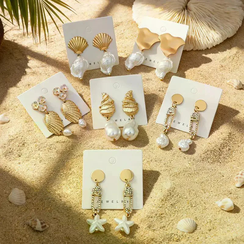 Bohemian Shell Pearl Drop Earrings Gold Plated Ocean Women Beach Qme