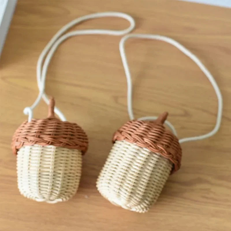 Acorn-shaped Storage Basket Hand-woven Round Rattan Bag Bucket Qme