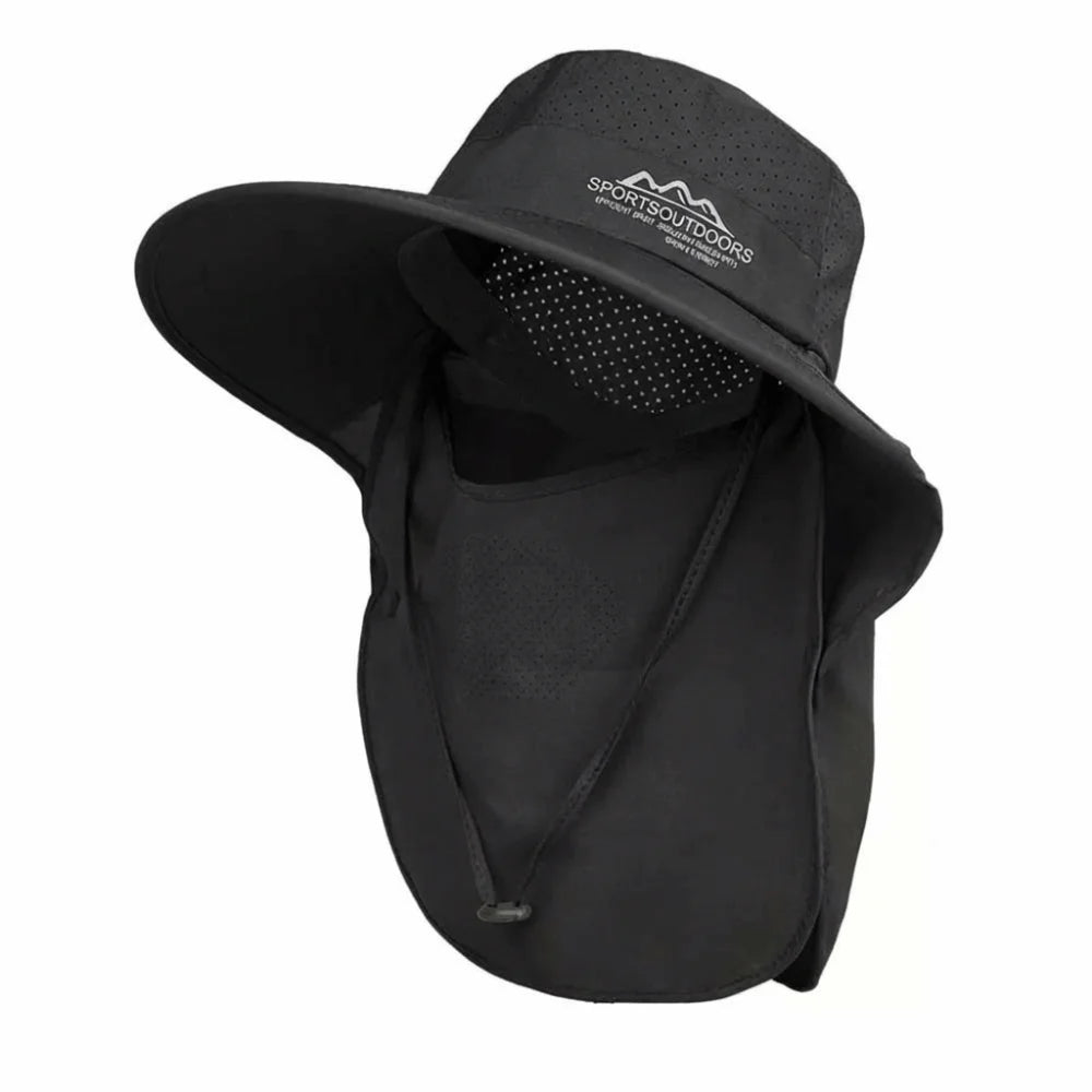 UV Protection Large Brimmed Sun Hat Breathable Face Shield Neck Flap Fisherman Hat Waterproof Polyester Outdoor Bucket Hat Qme Black