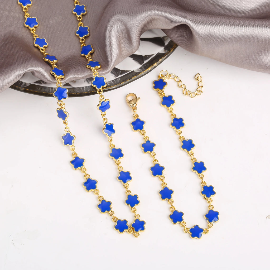 Classic 7 Color Copper Drip Oil Five-Leaf Flower Bracelet Necklace Pentagram Jewelry Set For Women Wedding Party Daily Wear Qme
