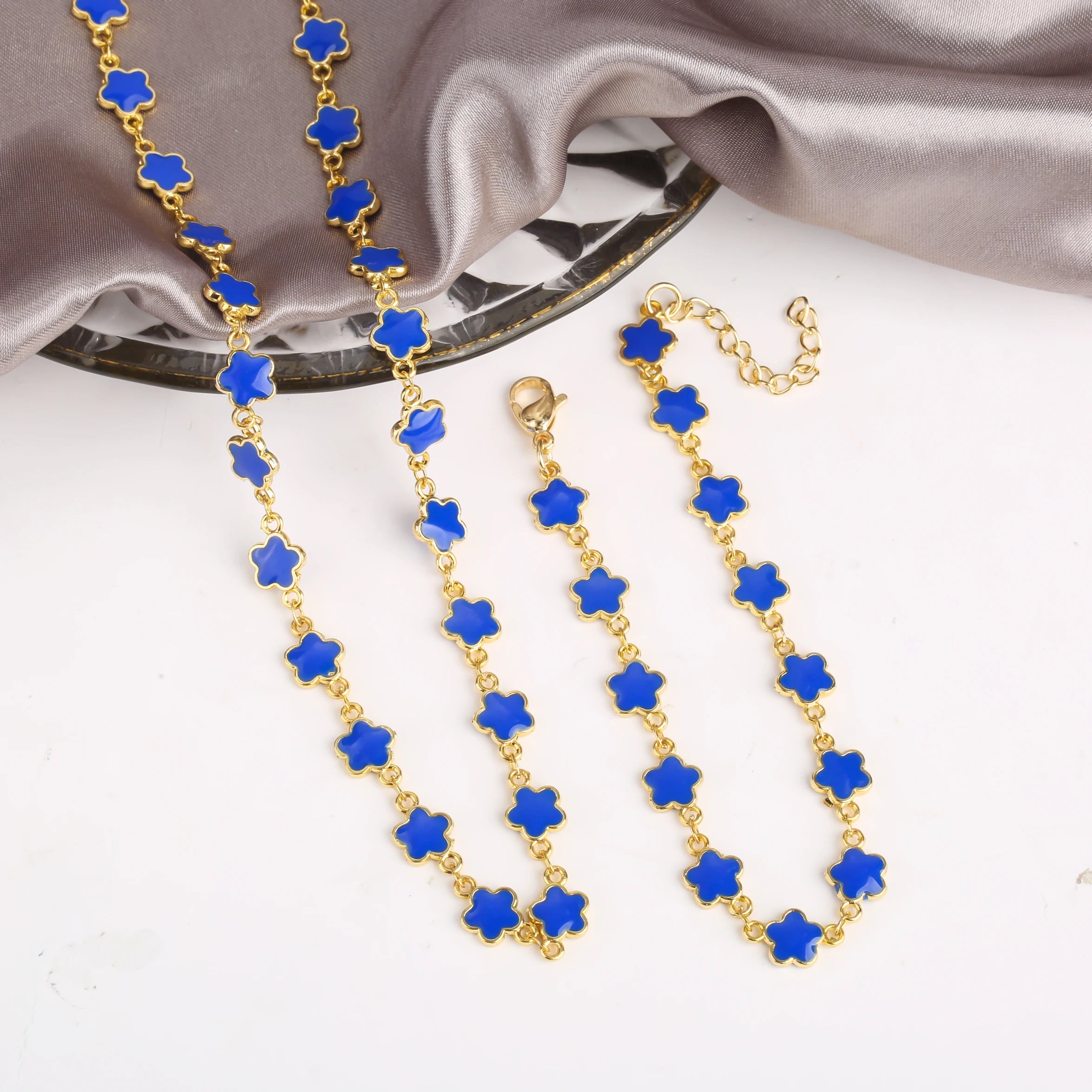 Classic 7 Color Copper Drip Oil Five-Leaf Flower Bracelet Necklace Pentagram Jewelry Set For Women Wedding Party Daily Wear Qme