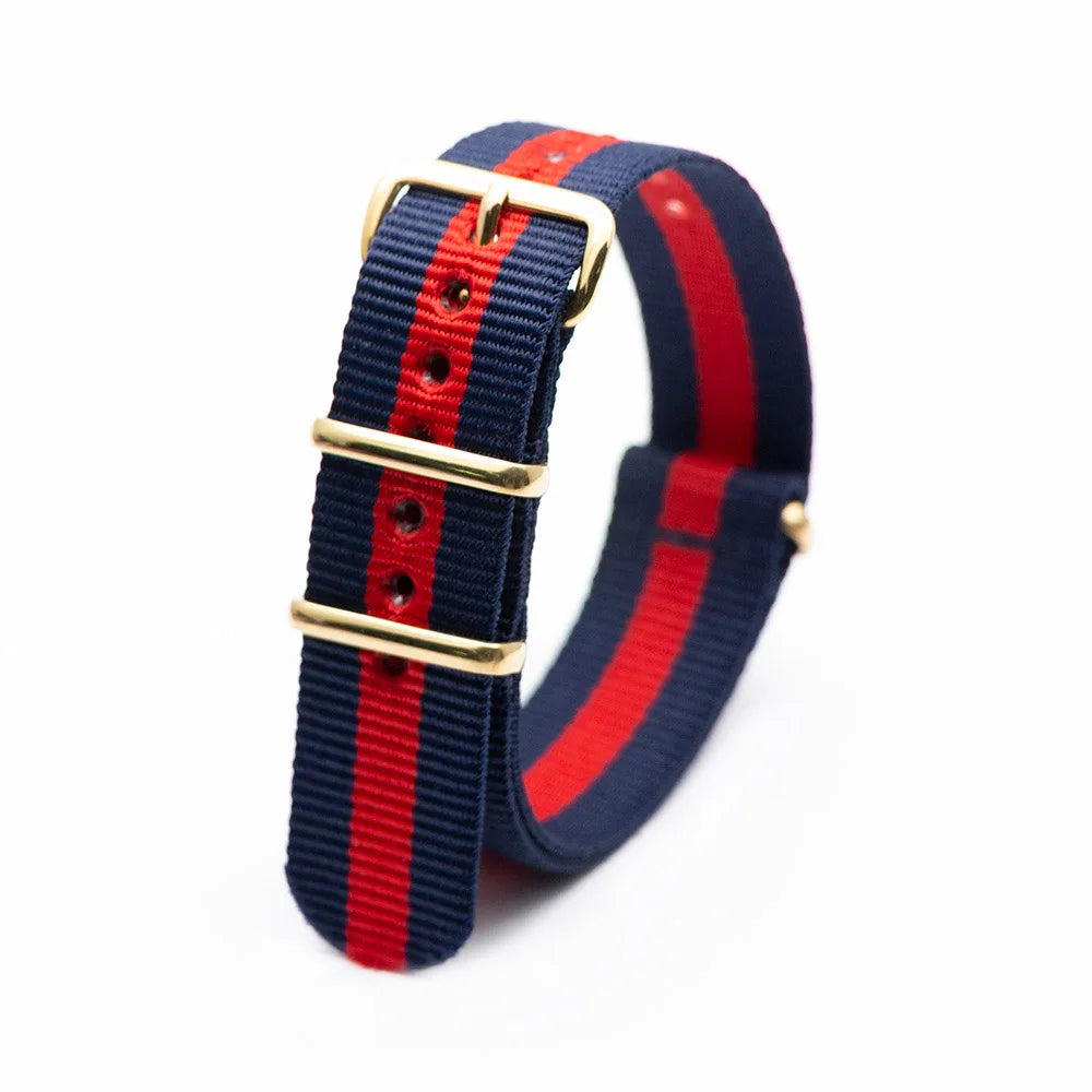High Quality Luxury Striped Nylon Smart Watch Strap 18MM 20MM 22MM Gold Square Buckle Wear-resistant Woven Strap Qme 2Blue1Red 18mm