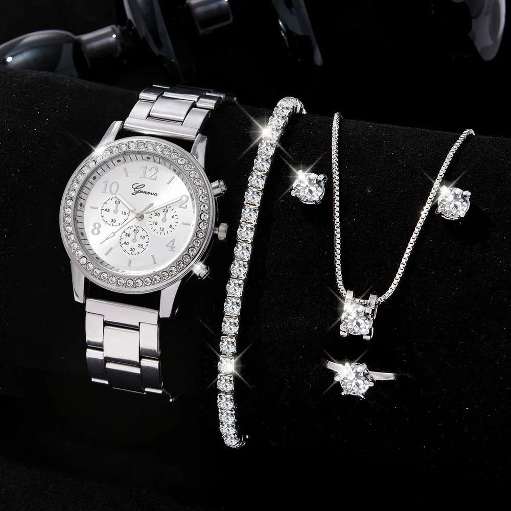 6PCS Set Luxury Watch Women Ring Necklace Earrings Rhinestone Fashion Wristwatch Female Casual Ladies Watches Bracelet Set Clock Qme 6PCS Silver Set