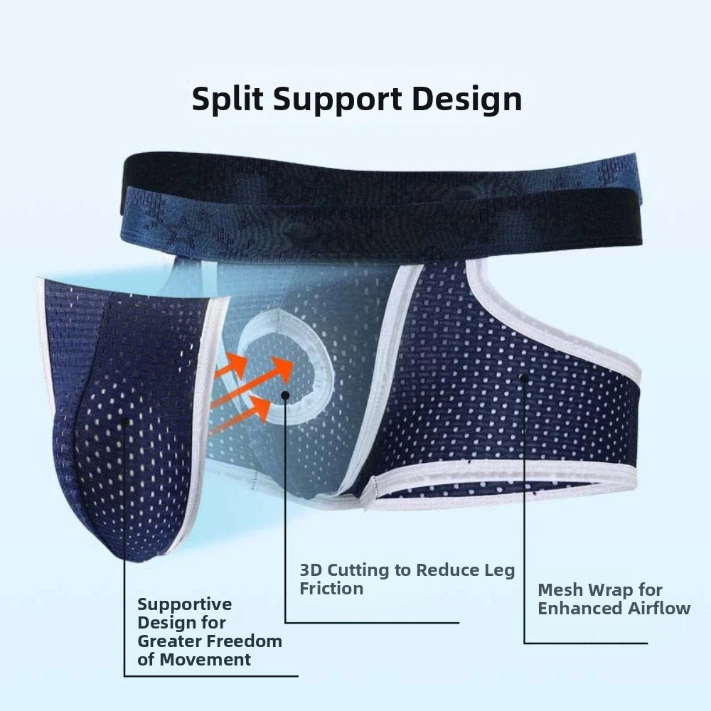 Quick-Drying Silky Fiber Men's Mesh Boxer Briefs Split Design Separation Male Ice Silk Panties Lingerie Four-Way Stretch Qme