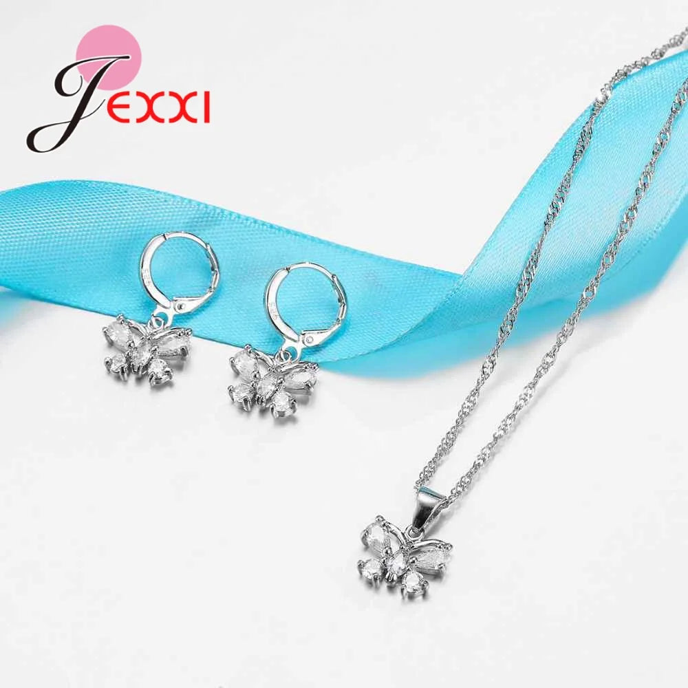 Exquisite Jewelry Sets Genuine 925 Sterling Silver Color Zircon Pendant Necklace Earrings for Women Crystal Bowknot Bijoux Qme