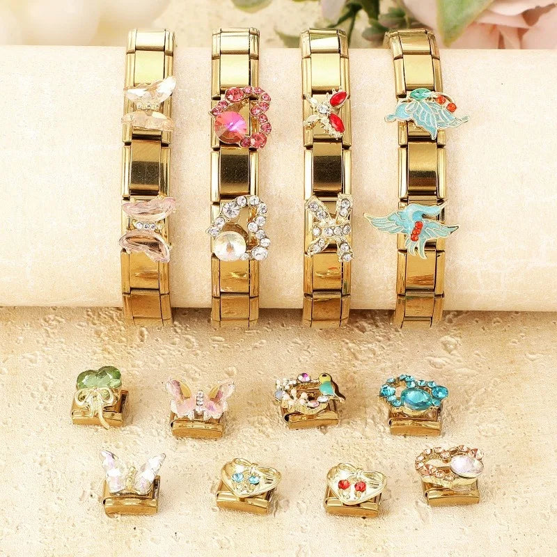 2026 Colorful Garland Flower Bird Luxury Pearl Zircon Gold Color Italian Link Fit 9mm Stainless Steel Charm Jewelry DIY Bracelet Qme