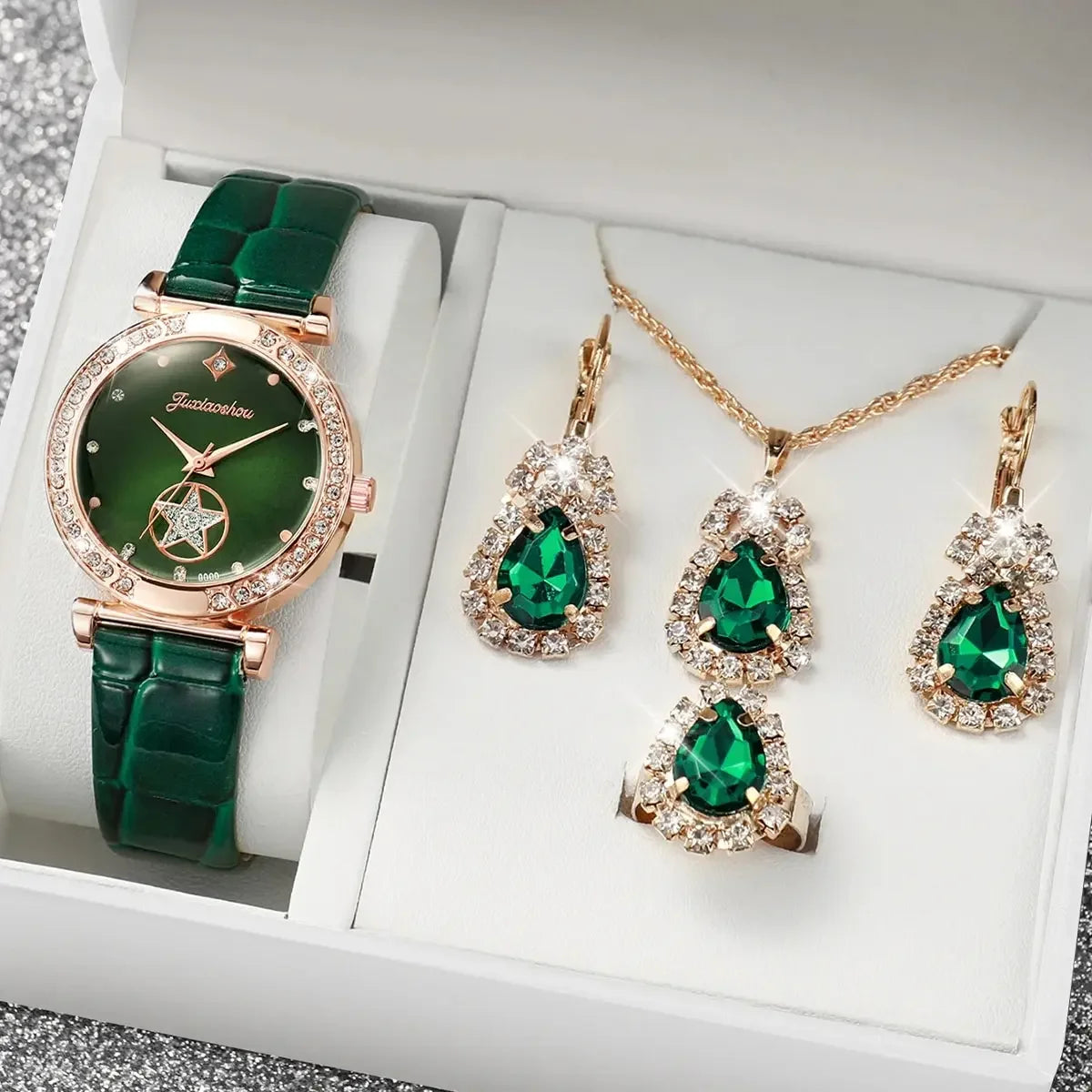 Rose Gold Ladies Green Leather Watch Set Water Drop Emerald Crystal Jewelry Necklace Earrings Ring Party Ornament Kit Qme