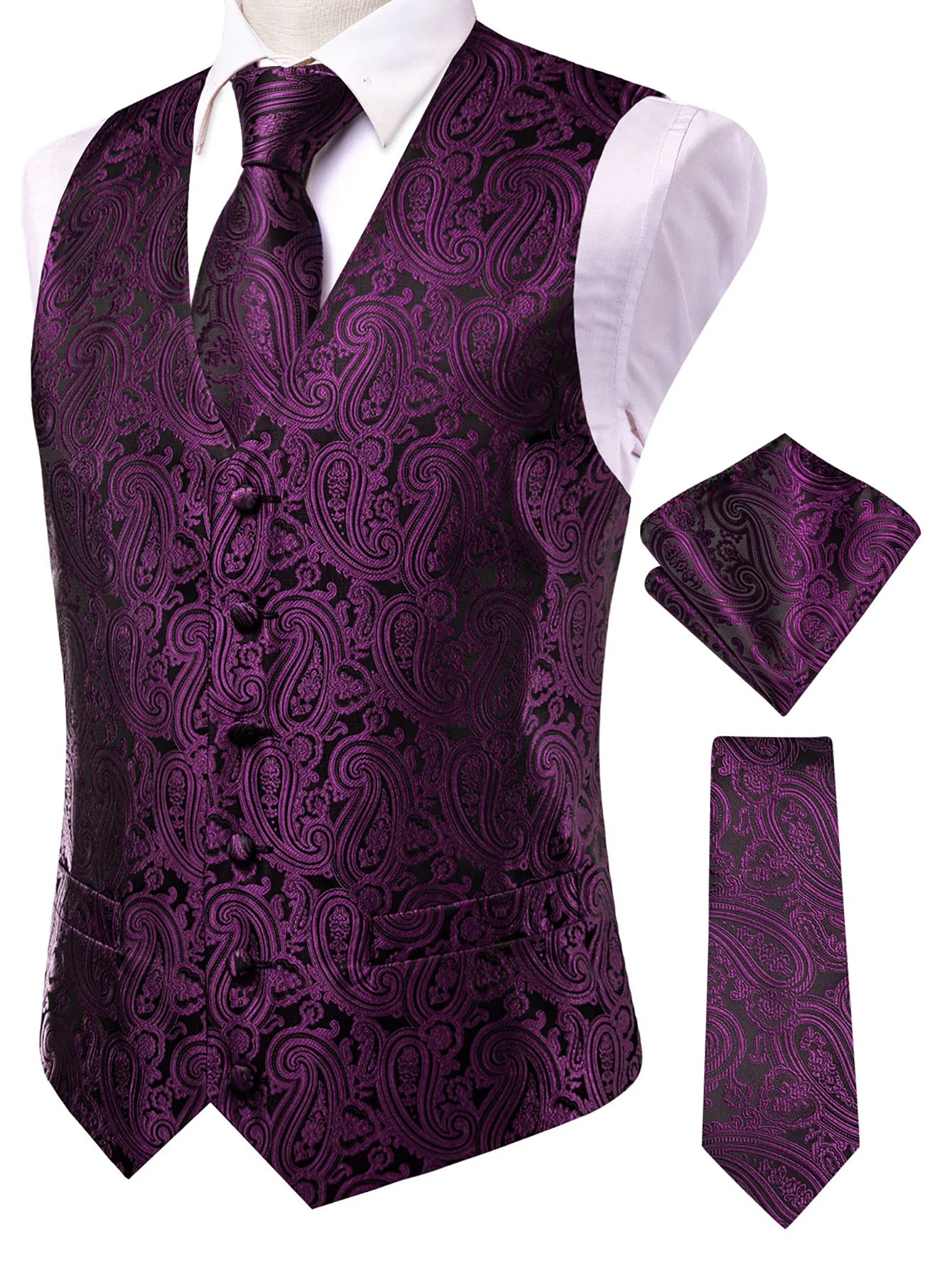 Purple Men Vest Three-Piece Suit Set, Dress Waistcoat with Tie and Pocket Square for Party Ceremony Qme HT-MJ-0196 M