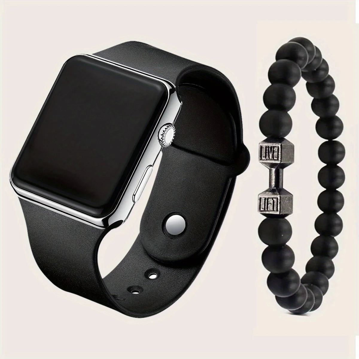 Men's Black Electronic Watch & 1pc Beaded Bracelet Qme Silver
