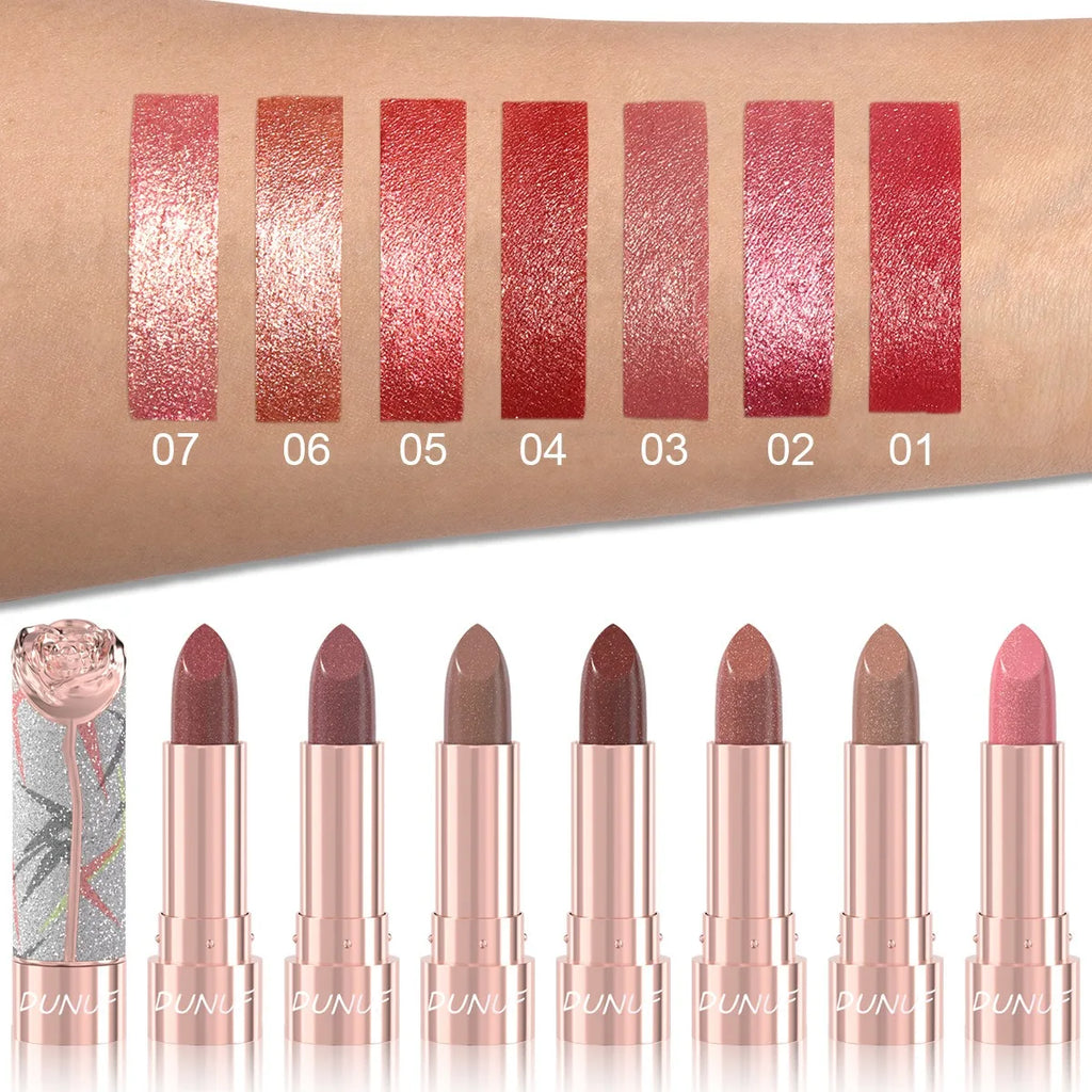 7 Colors Metallic Shimmer Lipstick, Gold Sparkle 3D Glitter Lip Makeup, High Pigment Velvet Matte Long Lasting Pearl Lipstick Qme