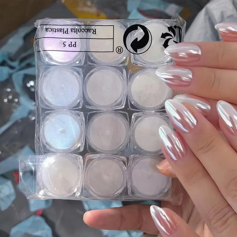 12Pcs/Set Aurora White Nail Mirror Powder 0.3g/Jar Shimmer Moonlight Chrome Pigment Dust for UV Gel Polish Manicure Decorations Qme