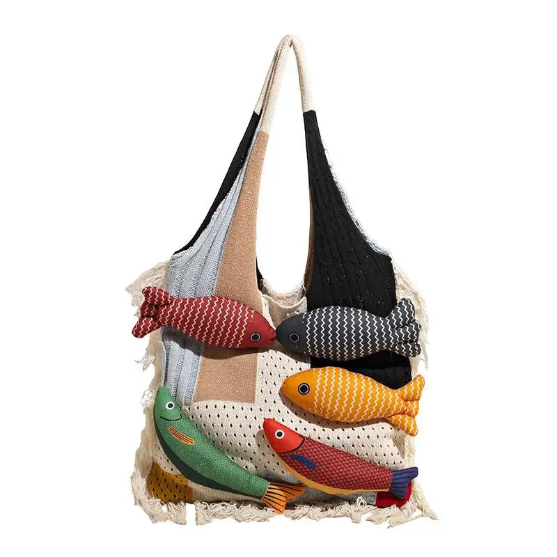 Creative Tassel Knitted Splicing Shoulder Bag Cute Little Fish Tote Qme A1