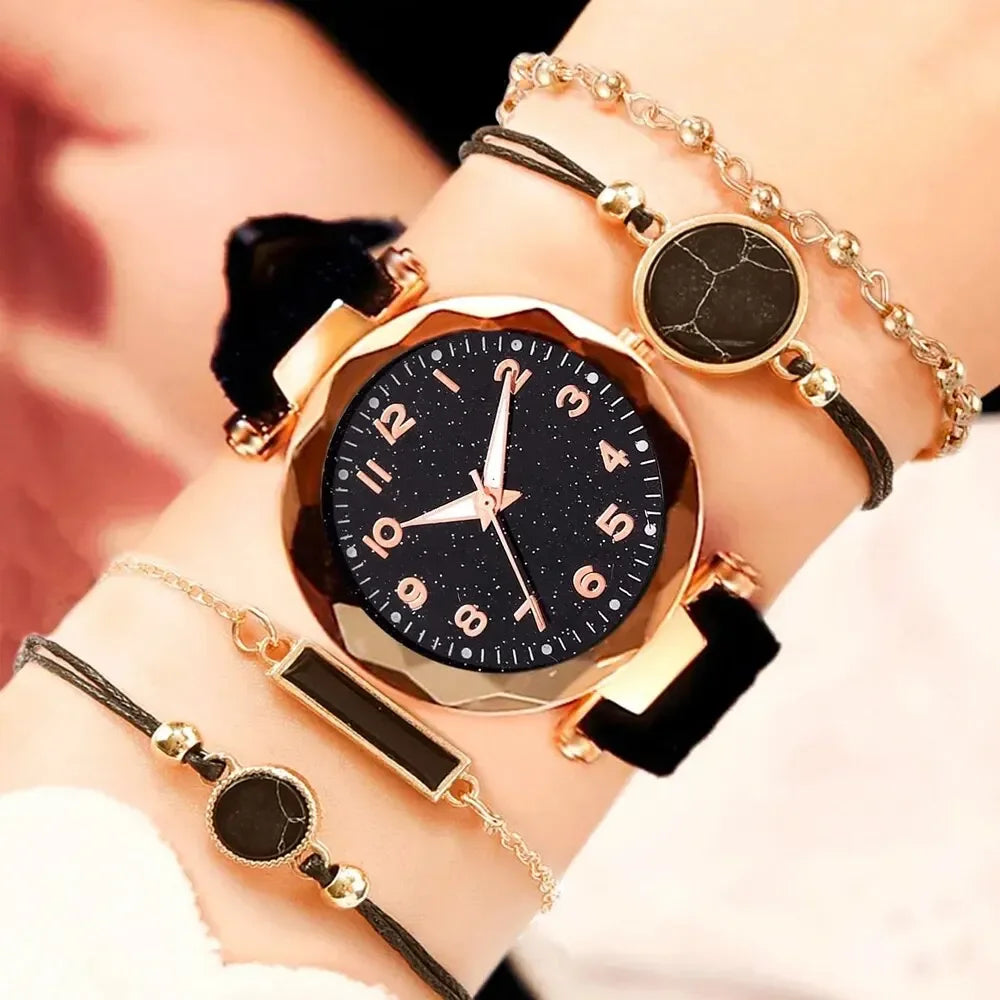 Set of analog watches for women, new simple and casual wristwatch, black bracelet without box, fashion for women, 5 pieces Qme black