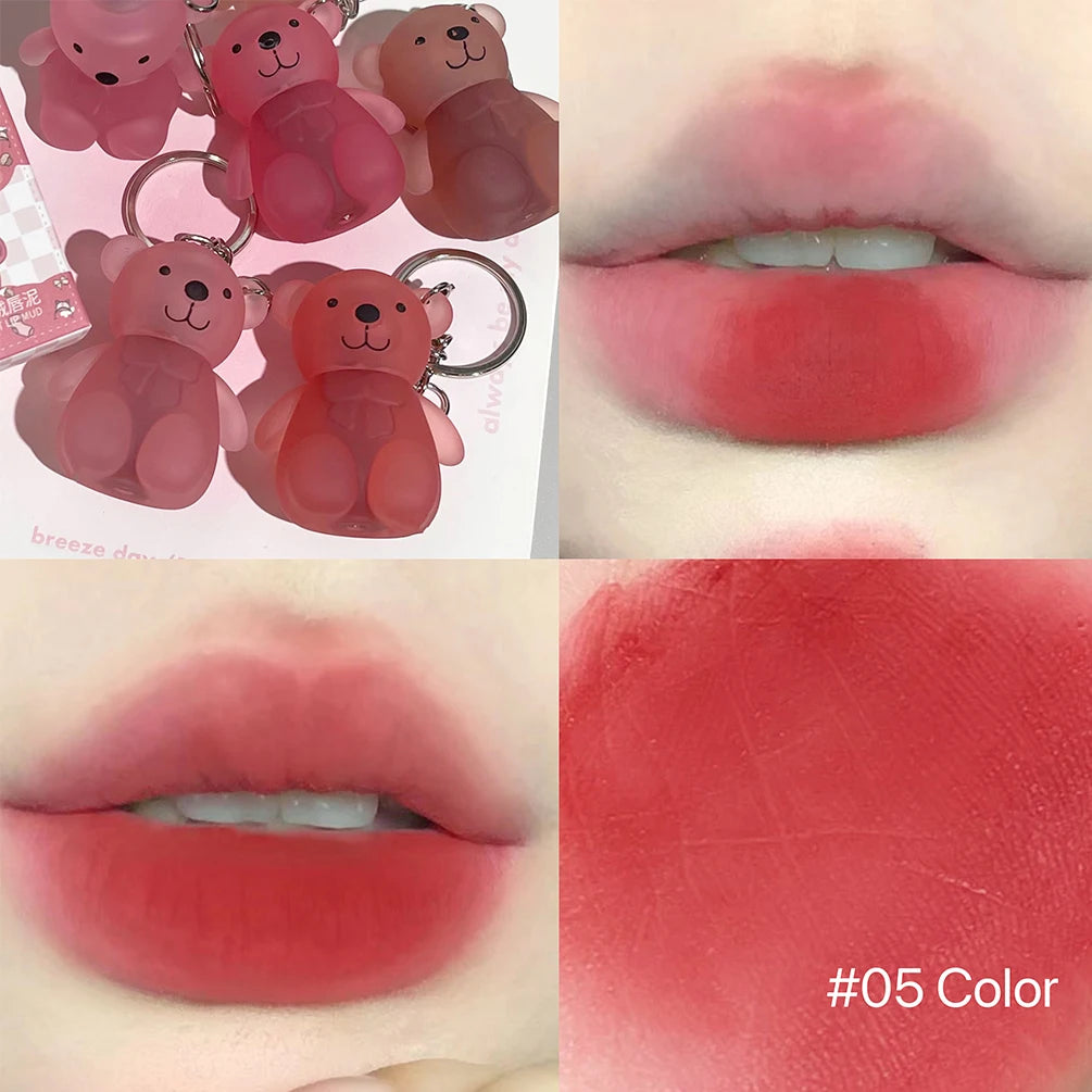 ART VALUE Cute Bear Lip Mud Keychain Matte Nude Red Lip Gloss Non-stick Cup Lipstick Waterproof Long Lasting Lipgloss Cosmetics Qme 05