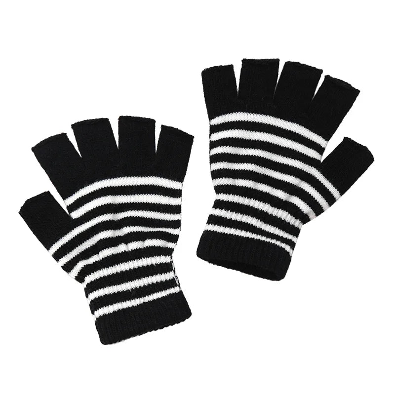 1Pair Black Stripe Half Finger Fingerless Gloves for Women and Men Knit Wrist Cotton Winter Warm Outdoor Gothic Lolita Mittens Qme