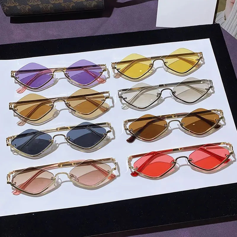 Metal Women Simple Trend Sunglasses New Half Frame Diamond Shaped Dopamine Small Frame Outdoor Sunglasses Qme