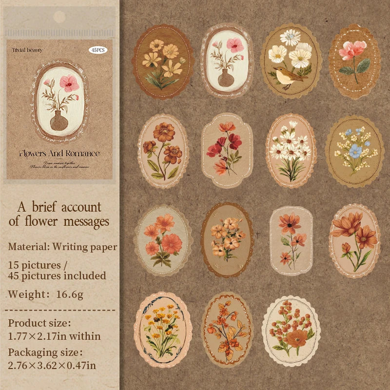 45 Sheets/Bag Floral Theme Envelope Sealing Boxed Stickers for DIY Scrapbook Background Phone Case Notebook Decoration Craft Qme 1