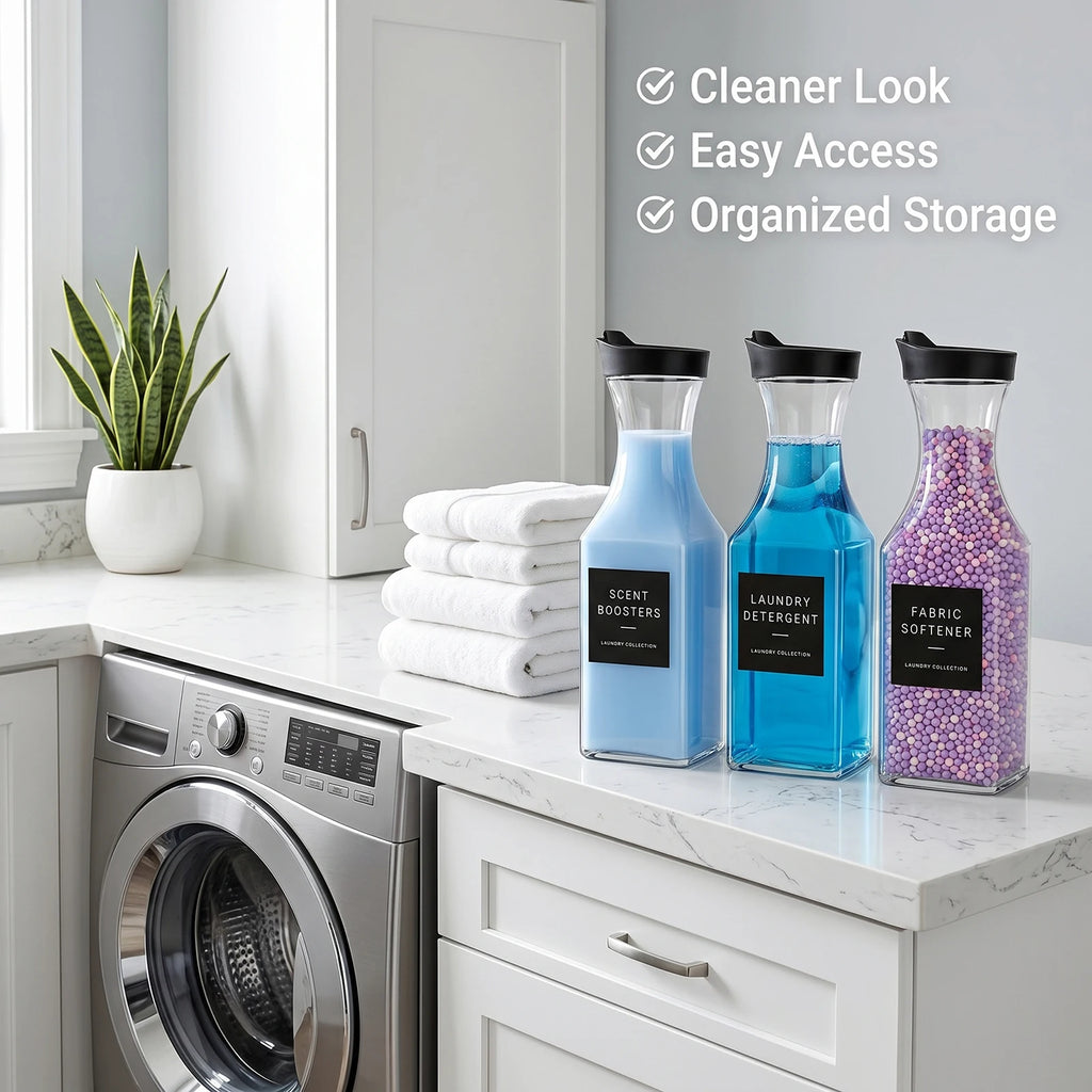 3Pack Clear Laundry Room Containers Laundry Soap Dispenser Bottle Set for Liquid Detergent Scent Boosters Softener Qme