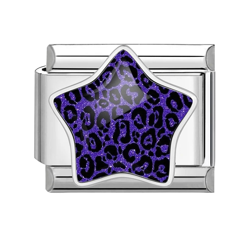 3D Inlay Stars Cute Zebra Stripe Stars Pink Blue Leopard Print Italian Charm Links Fit 9mm Stainless Steel Bracelet DIY Making Qme Style 24