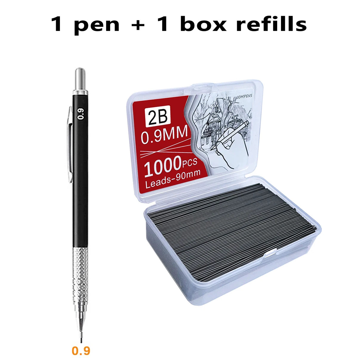 Metal Mechanical Pencil Large capacity Lead And Refills Set 0.3, 0.5, 0.7, 0.9 2.0 Mechanical Pencils for Drawing Sketching Qme 0.9mm set