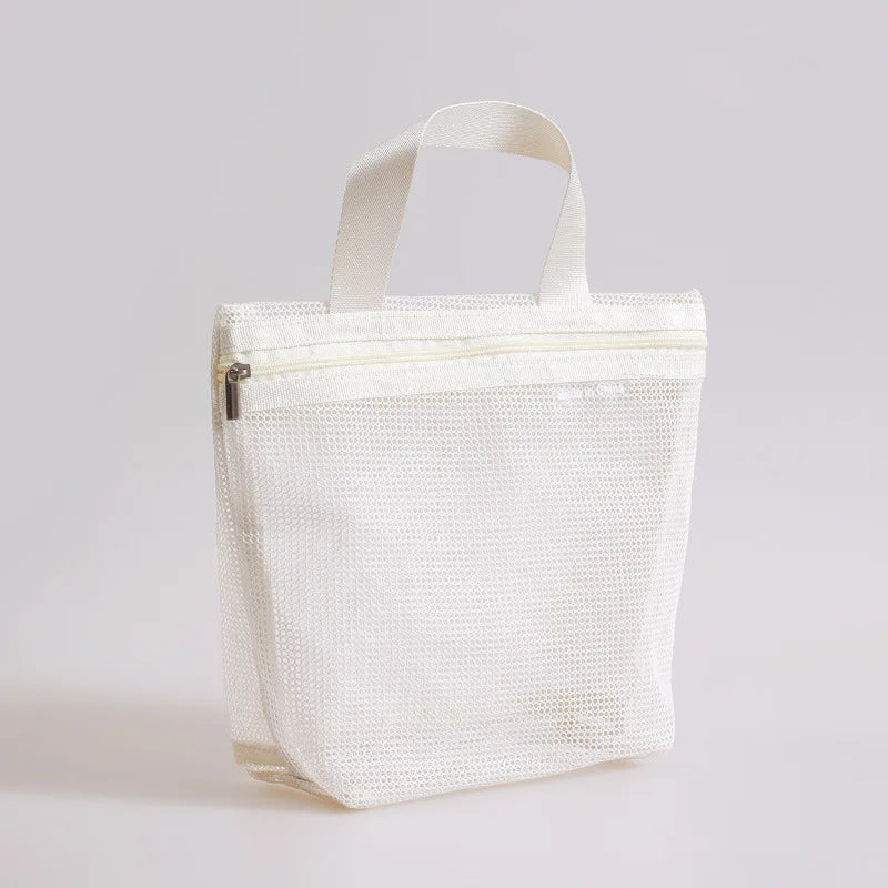 Mesh Makeup Toiletry Storage Bags Handbags Portable Travel Washing Body Shower Tools Organizer Hanging Organizer Pouch Qme Beige