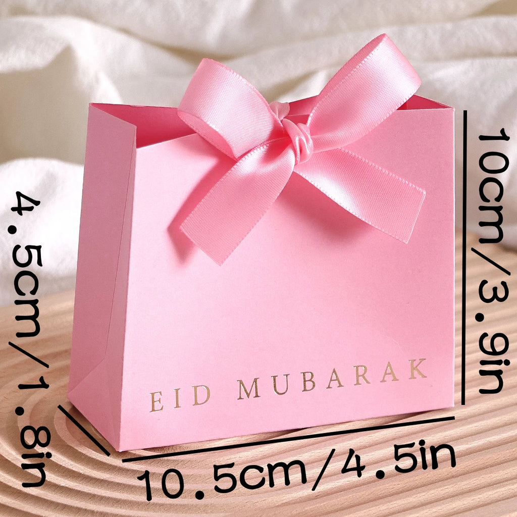 10Pcs, Eid Mubarak Laminated Mini Gift Boxes, Classic Black, White and Pink, with Elegant Ribbon, Size: 11.5*10 * 4.5cm - Perfe Qme