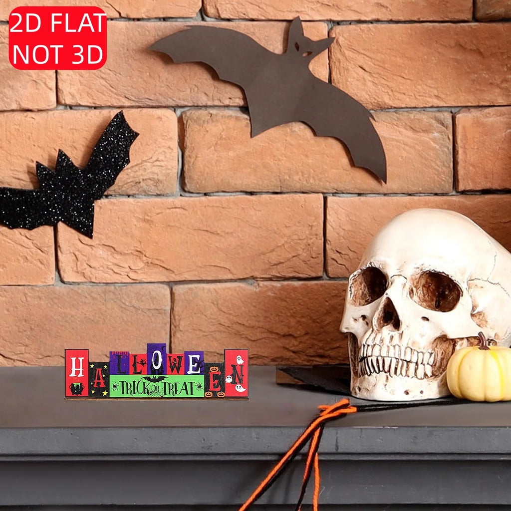 2D Flat Halloween Wooden Sign - "Halloween Trick or Treat" Decor with Ghosts, Pumpkins, Bats, Spiders & Cauldron Qme