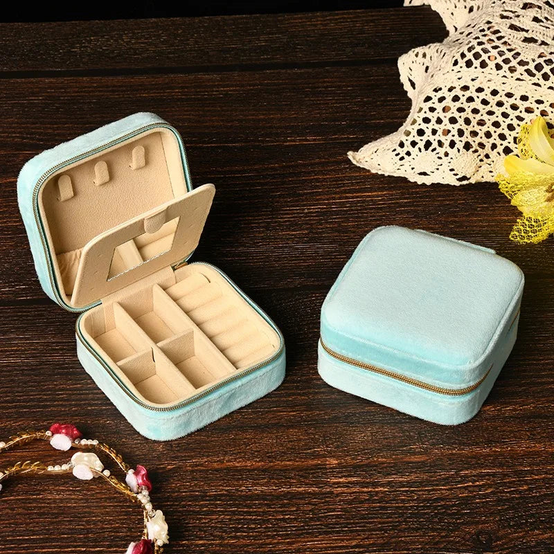 Velvet Jewelry Box For Women and Girls Necklace Ring Earrings Travel Portable Zipper Square Jewelry Storage Case with Mirror Qme Sky Blue