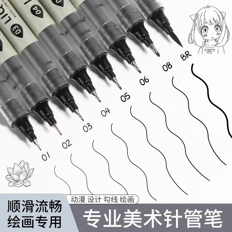 12 Tibs Black Pen Fine Line Sketching Marker Different Tips Fineliner Drawing Pens Manga Art Marker Calligraphy Set Supplies Qme