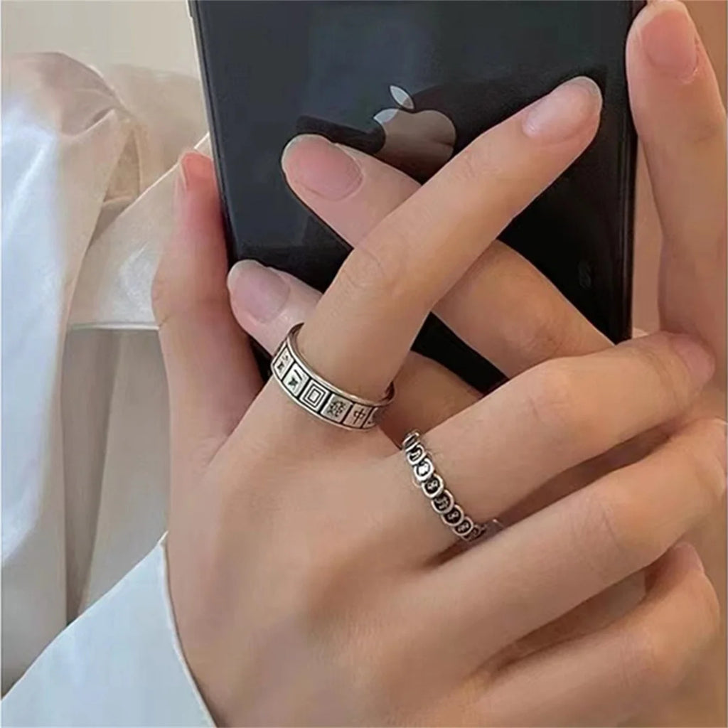 Creative Mahjong Money Abundant Adjustable Open Free Size Chinese Character Print Finger Ring for Men Women Retro Silver Color Qme
