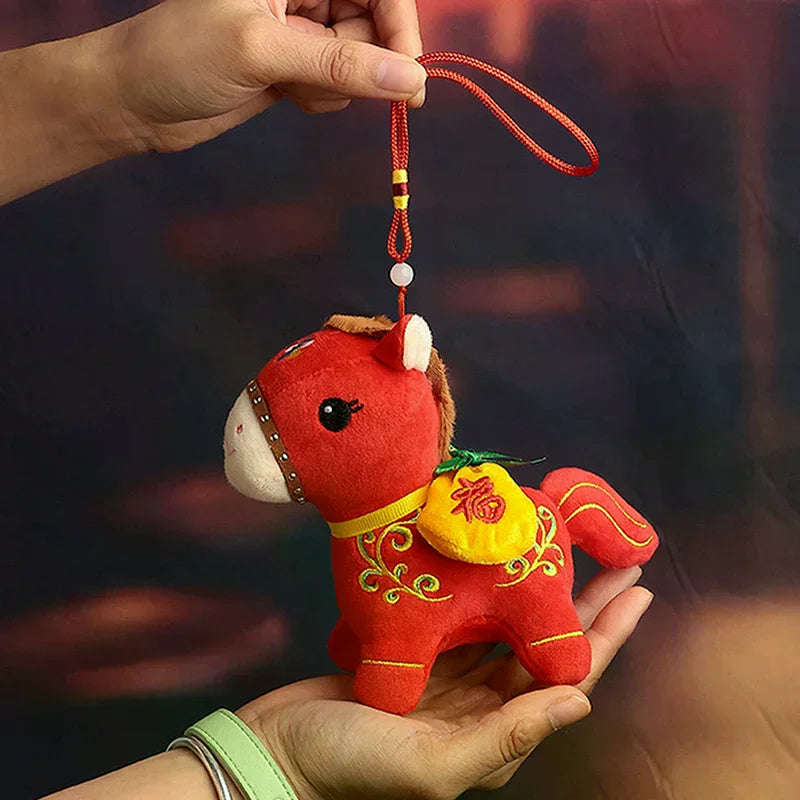 Cute Zodiac Horse Pendant Red Car Keychain Pendant Embroidery Doll Mascot New Year Chinese Style Gifts Decoration Accessories Qme