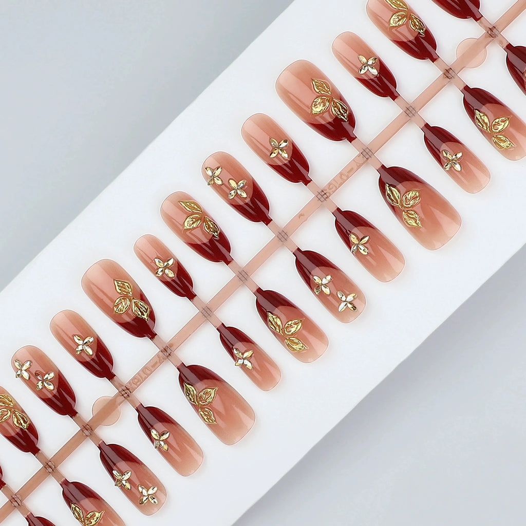 Sweet Cool Wine Red Gradient Press On Nails Luxury French Manicure with Gold Foil Flower Design Reusable Glue On Nail Art Qme