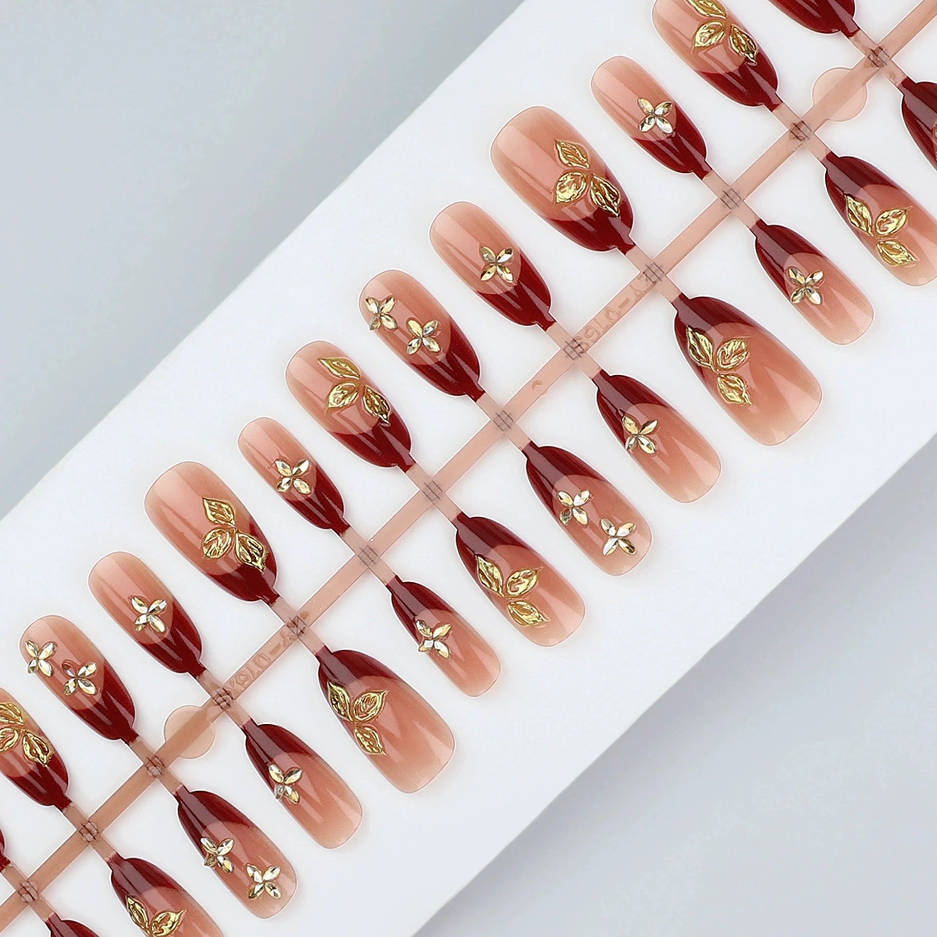 Sweet Cool Wine Red Gradient Press On Nails Luxury French Manicure with Gold Foil Flower Design Reusable Glue On Nail Art Qme
