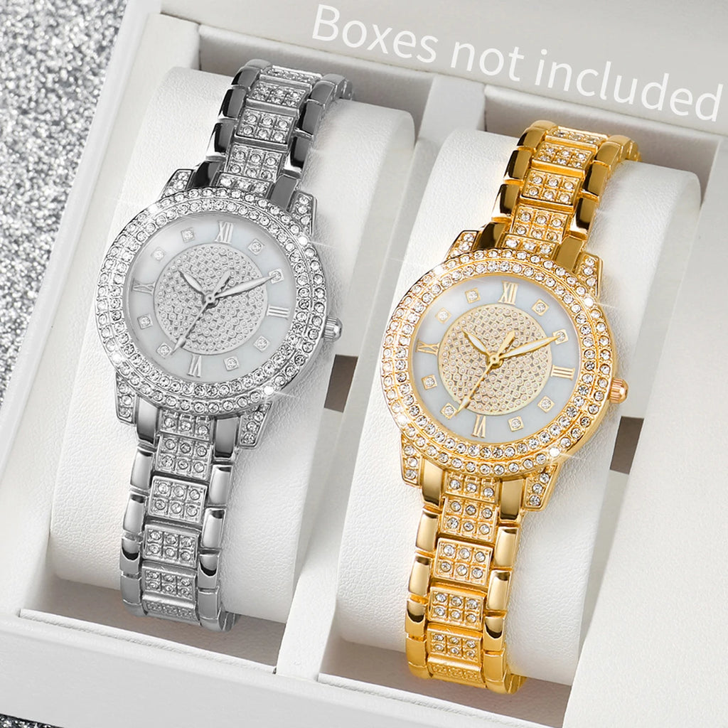 2PCS Fashion Full Diamond Women's Watch Roman Dial Steel Band Female Quartz Watches Set（Without Box） Qme 2PCS Set Without Box