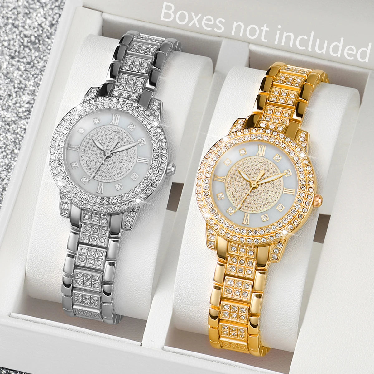 2PCS Fashion Full Diamond Women's Watch Roman Dial Steel Band Female Quartz Watches Set（Without Box） Qme 2PCS Set Without Box