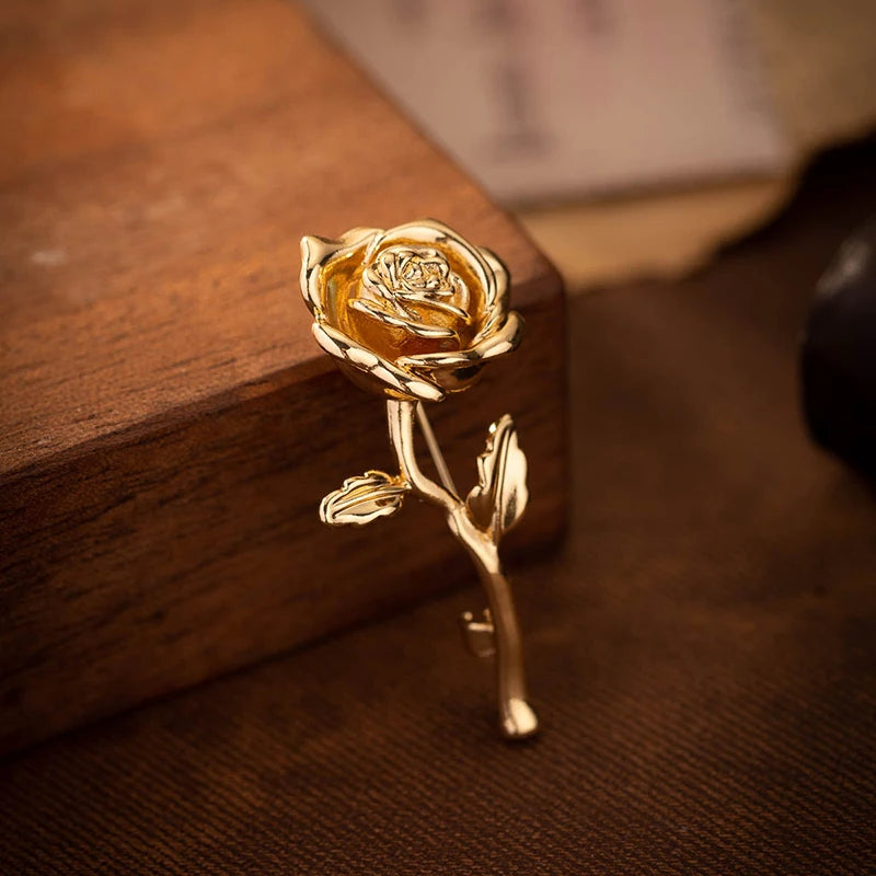 Luxury High-End Gold-Tone Rose Flower Brooch Pin For Women & Men - Elegant Suit Coat Badge Fashion Jewelry Lapel Accessory Qme