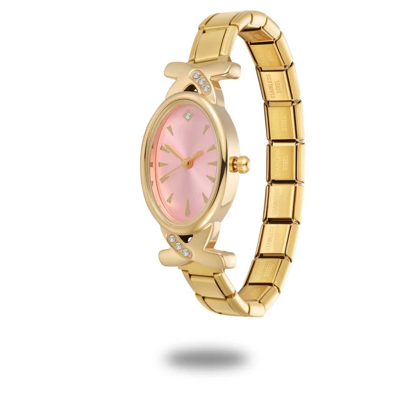 Y2K Vintage Golden High Quality Oval Shiny CZ Stainless Steel Watch Bracelet Women's 9MM DIY Italian Charm Bangle Jewelry Gifts Qme S 10