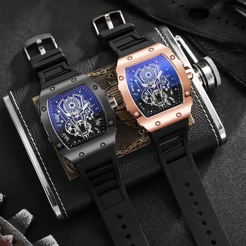 2026 Hollow out Richard wine barrel shaped quartz watch for men, silicone watch for men, business calendar, sports watch for men Qme
