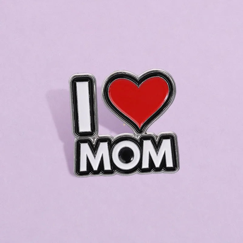 Letter I Love Mom Enamel Lapel Pin Red Heart Brooch Metal Badge Backpack Hat Decoration Jewelry Souvenir Gift for Mothers Qme