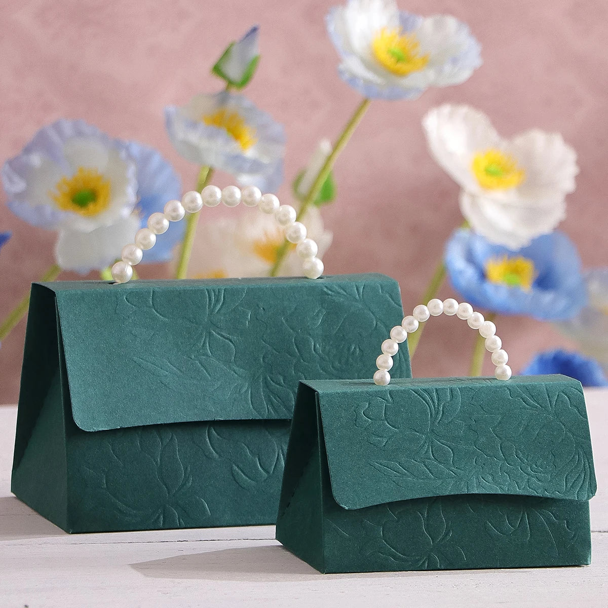 Set of 5 Luxurious Wedding Mini Gift Boxes with Letterpress Floral Design and Simulated Pearl Handles, Elegant Gift Boxes for Us Qme S-Dark Green-5Pcs Other Other
