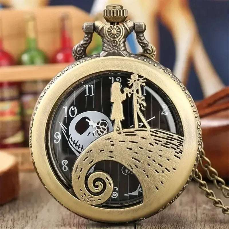 Fashion Lovers Skeleton Quarzt Pocket Watch with Chain Necklace Vintage Quartz Pendant Watches Clock Chain Mens Women Qme Bronze
